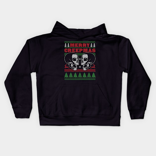 Merry Creepmas - Ugly Christmas Sweater Skull Skeleton Xmas Kids Hoodie by OrangeMonkeyArt